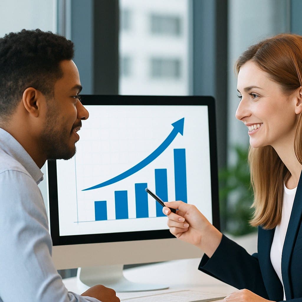 Two people reviewing a rising pipeline chart together at a desk