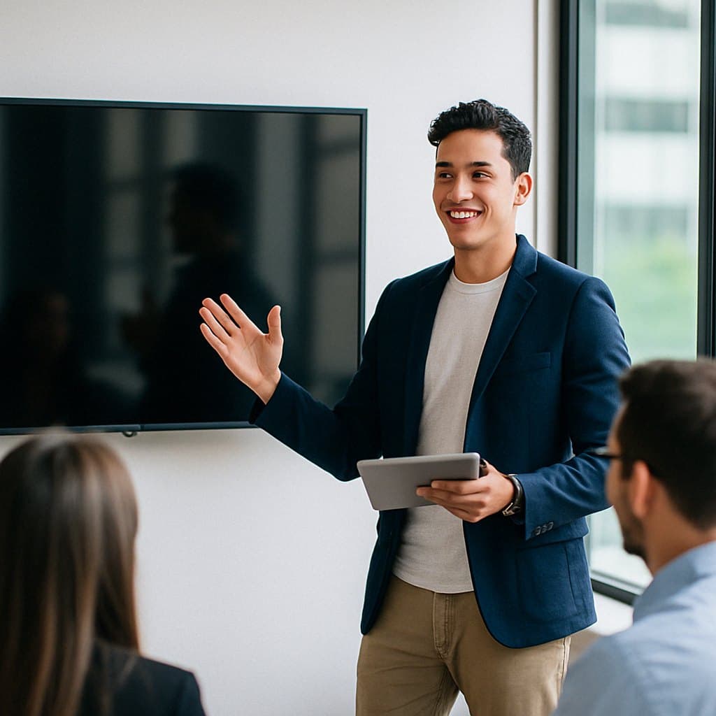 A founder presenting to a small team with a tablet in hand