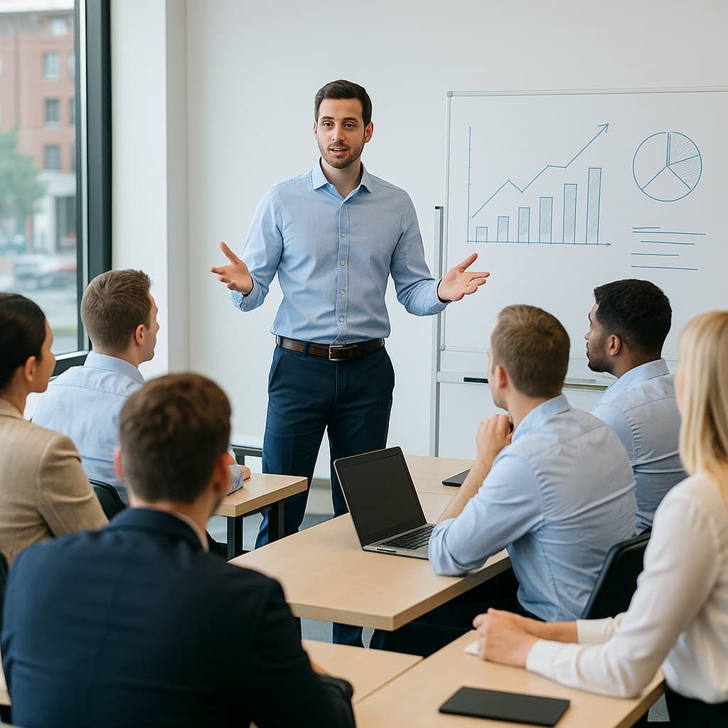 A sales leader walking a small team through pipeline charts on a whiteboard