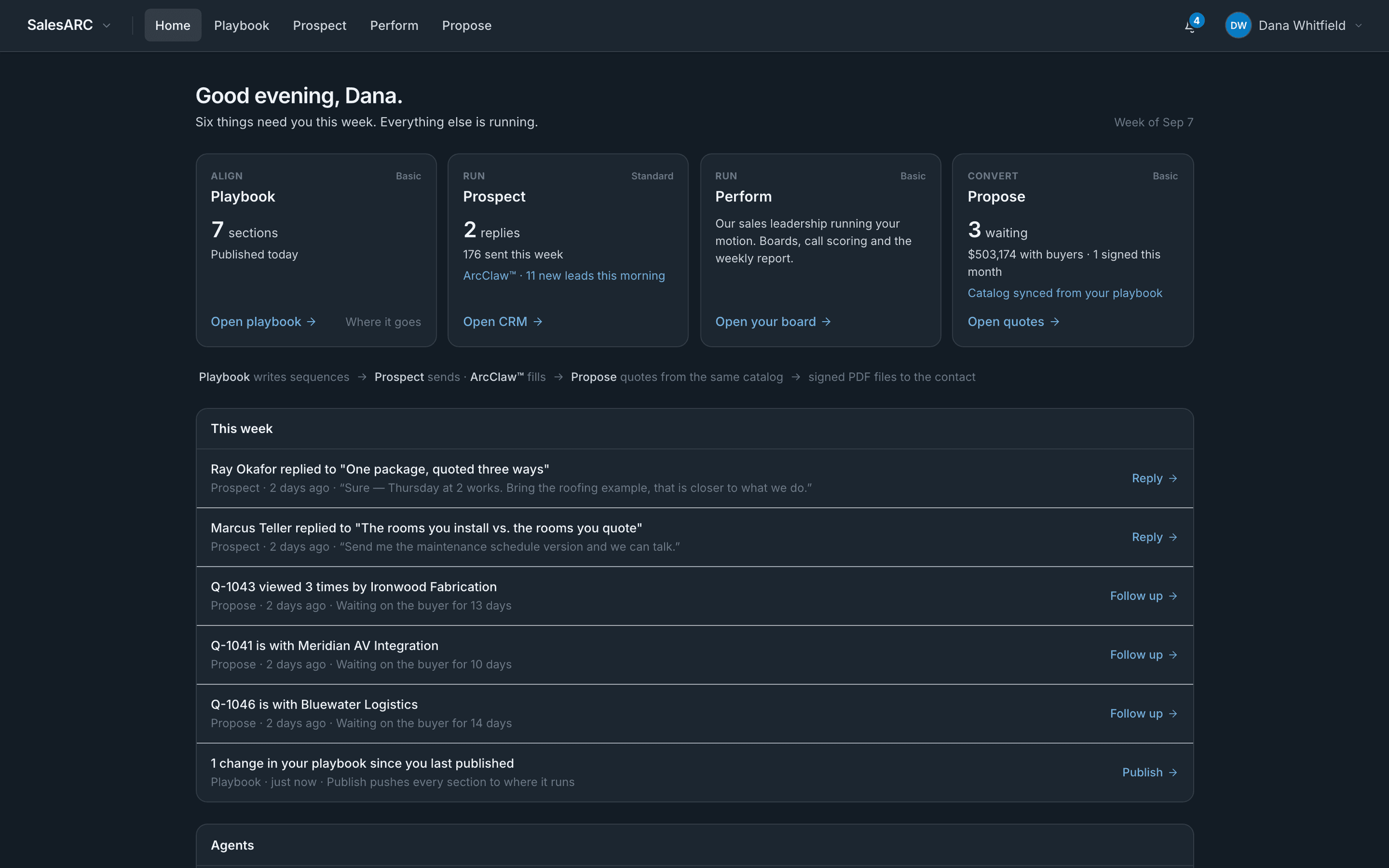 The SalesARC home screen: Playbook, Prospect, Perform and Propose side by side with live numbers