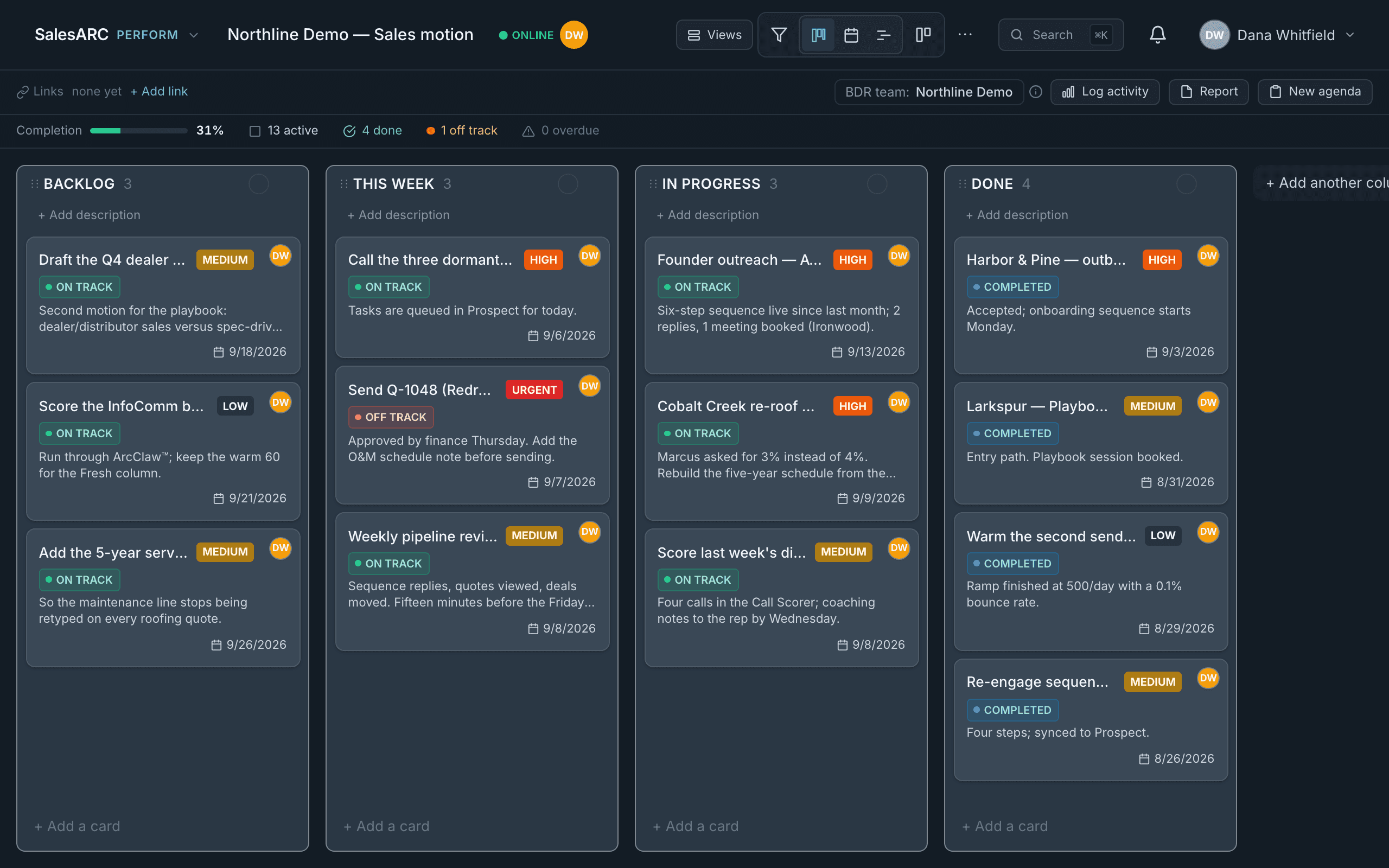 A Perform project board and the weekly client report