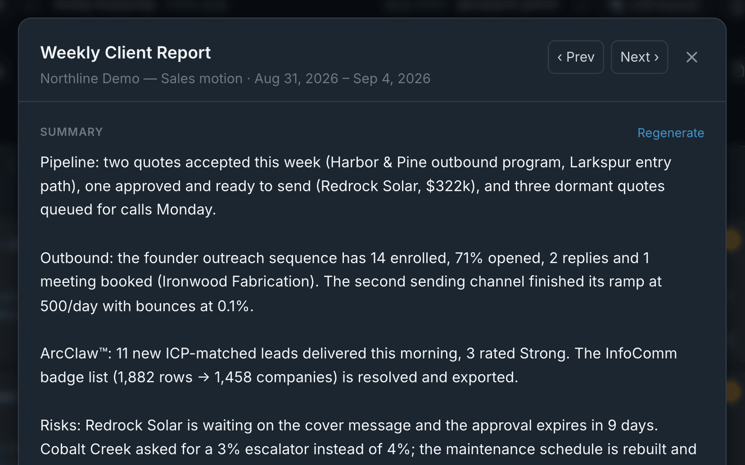 The weekly client report in SalesARC Perform
