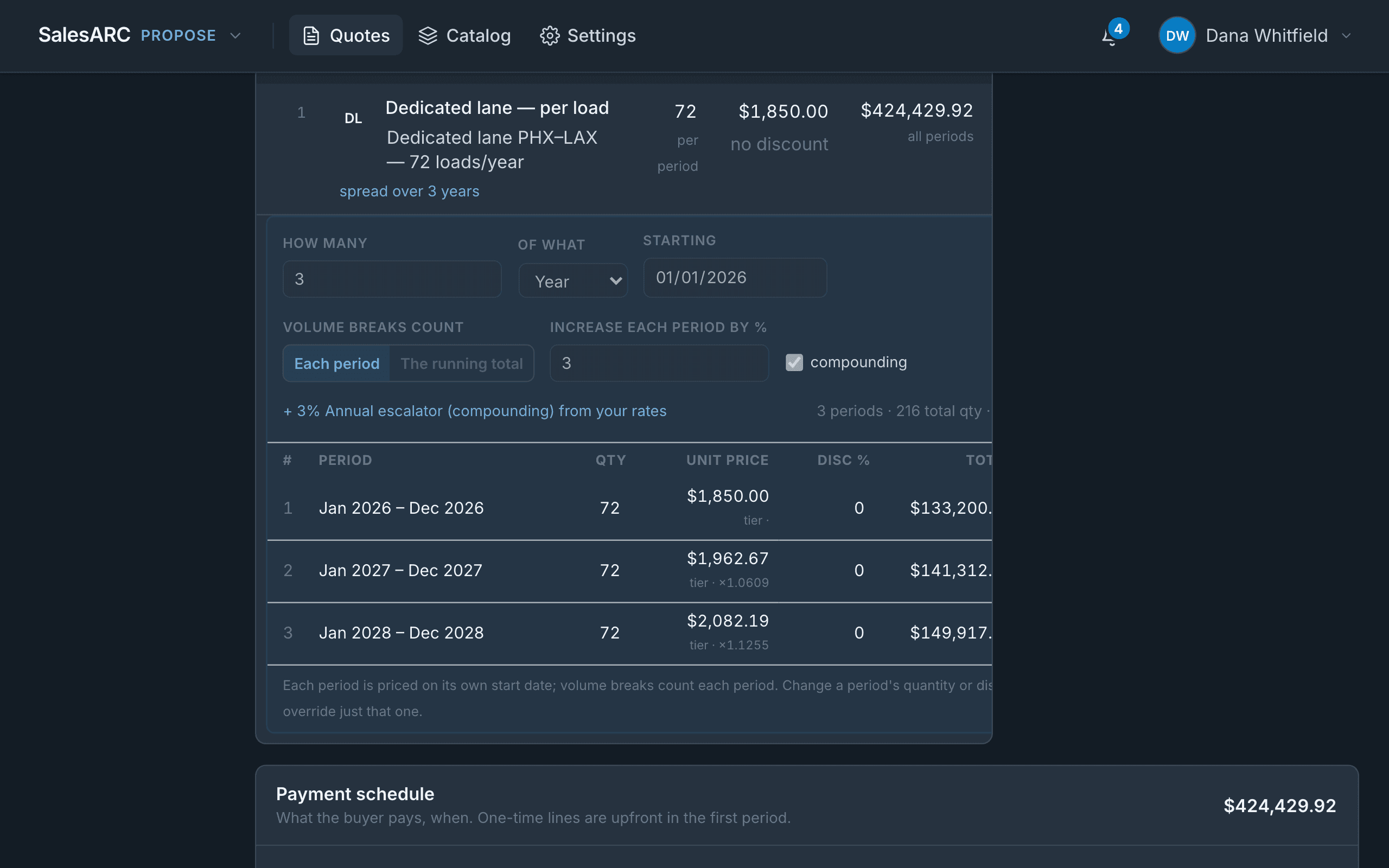 Phased volume pricing tiers on a quote in SalesARC Propose