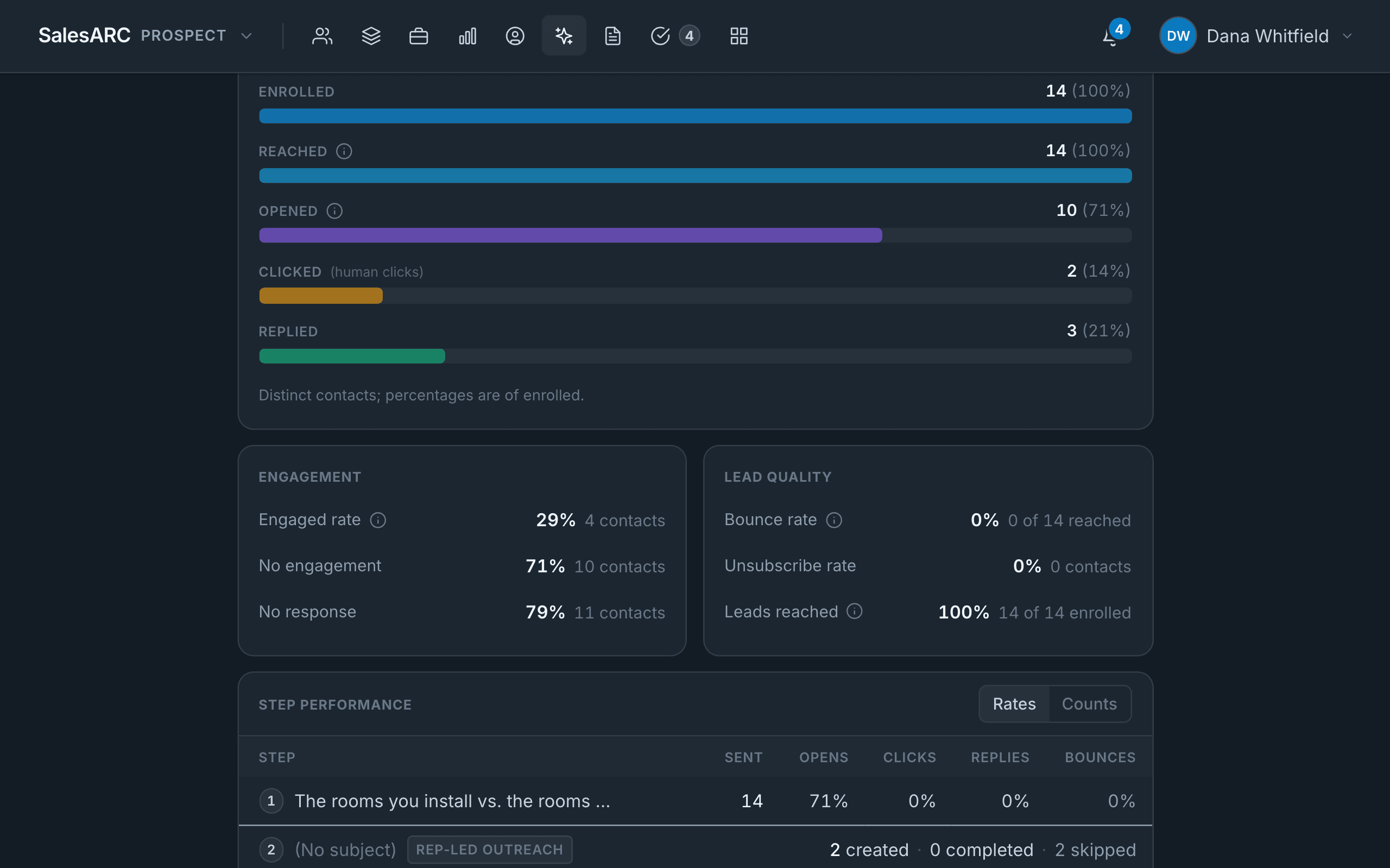 A playbook sequence and the Fresh column in SalesARC Prospect