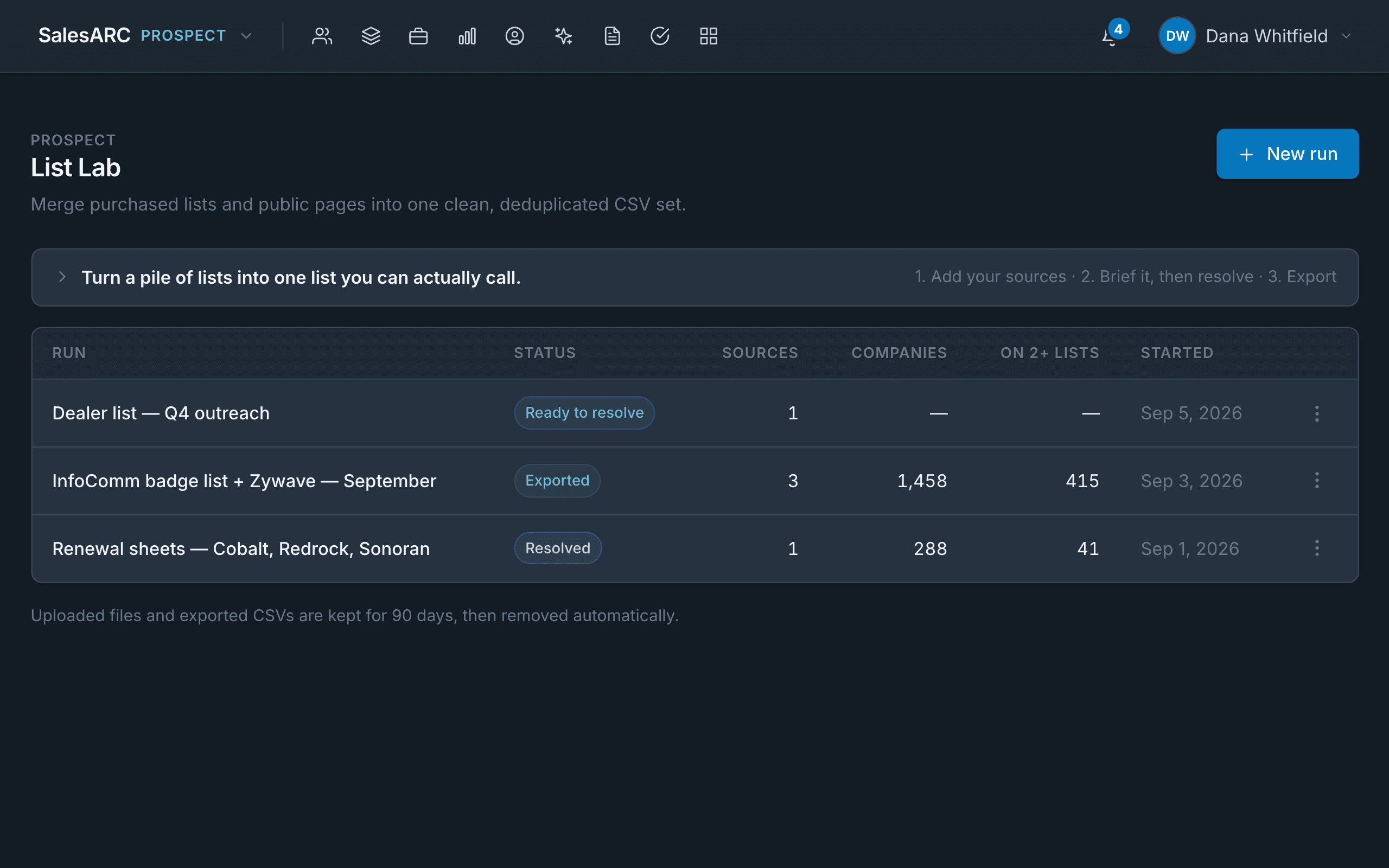 List Lab in SalesARC Prospect with three list runs, one exported