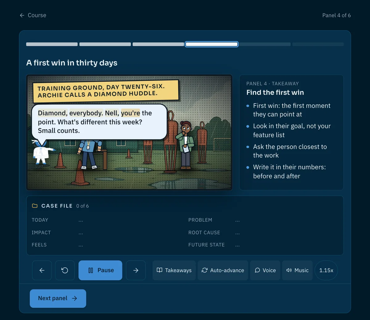 A comic panel from the Customer Success course at a training ground where a coach and rep find the customer's first win within thirty days.