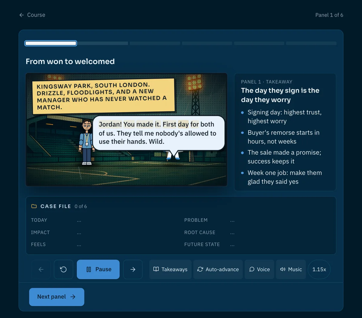 A comic panel from the Customer Success course at a football stadium on matchday where Archie says the day customers sign is the day they worry.