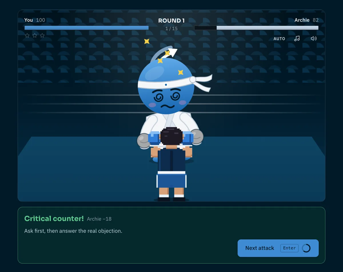 Fight Archie's result panel after a correct answer, reading 'Critical counter' with the coaching line 'Ask first, then answer the real objection' and a Next attack button.