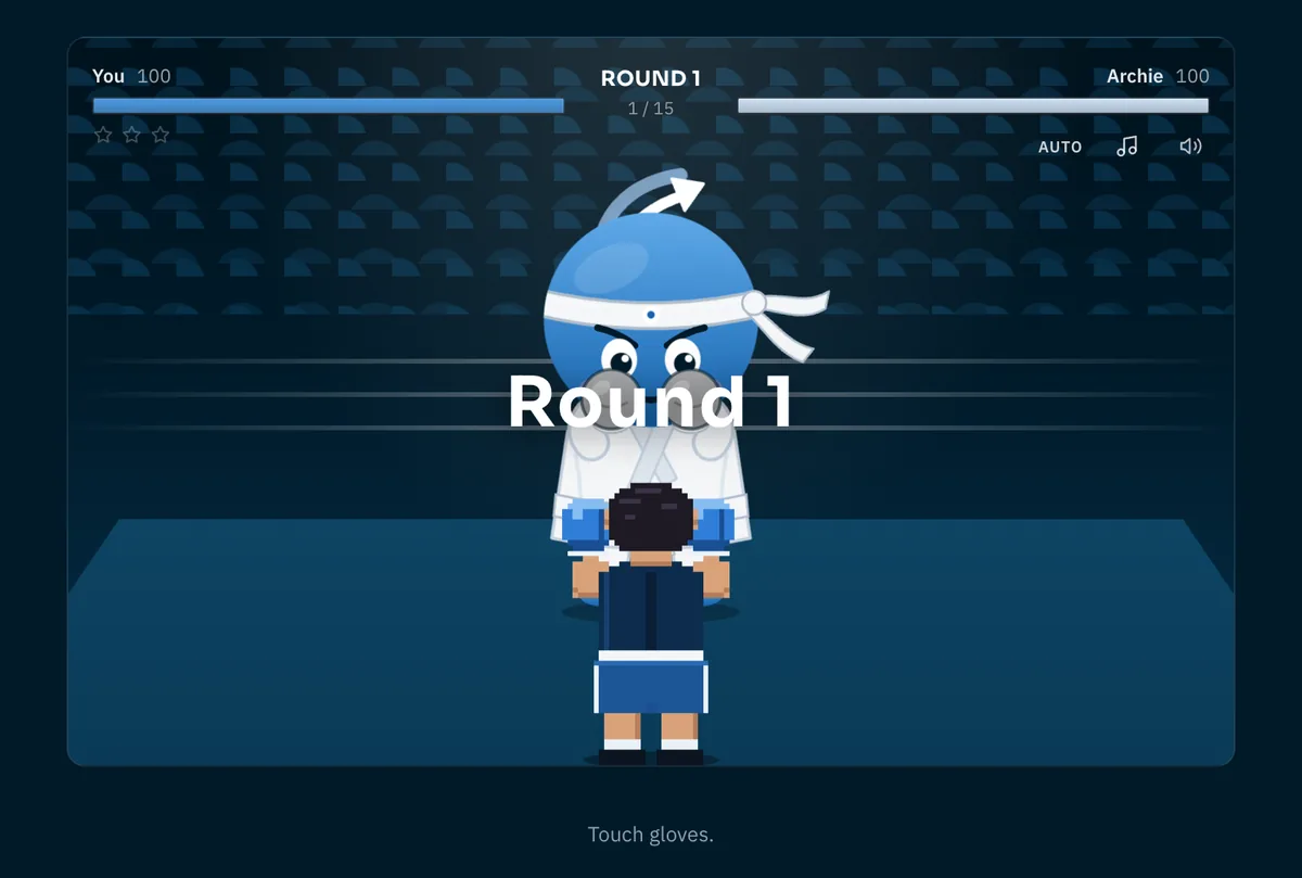 The Fight Archie arcade game at the start of round one, with both fighters' health bars and the round announced over the ring.