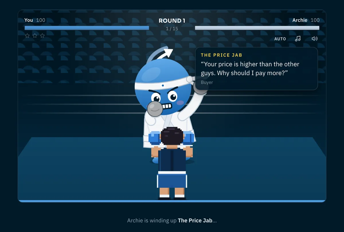 In Fight Archie the boxer winds up and delivers a buyer's objection as a taunt: 'Your price is higher than the other guys. Why should I pay more?'