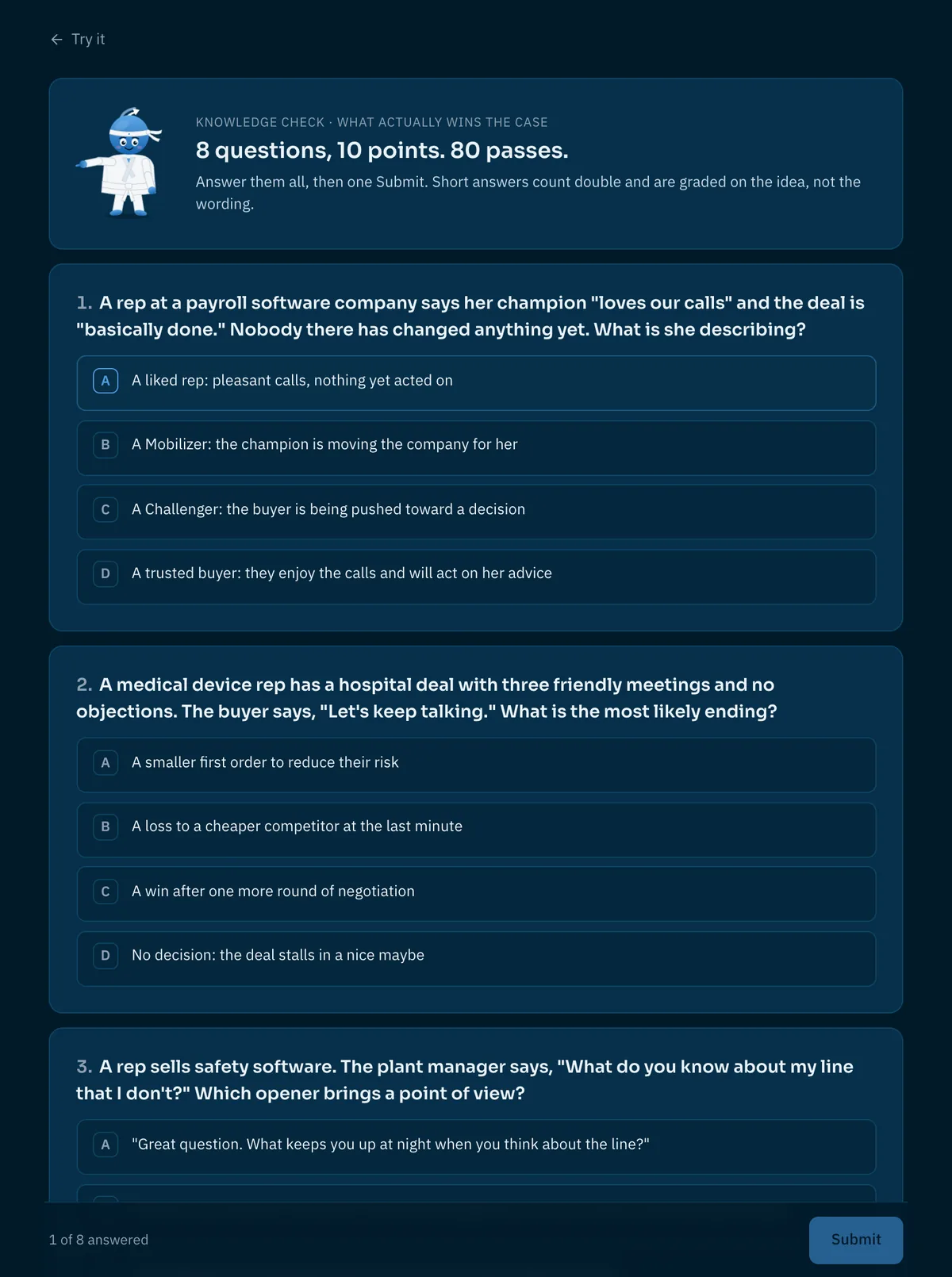 The SalesARC University knowledge check: eight scenario questions worth ten points, with lettered answer options and a Submit button, eighty to pass.