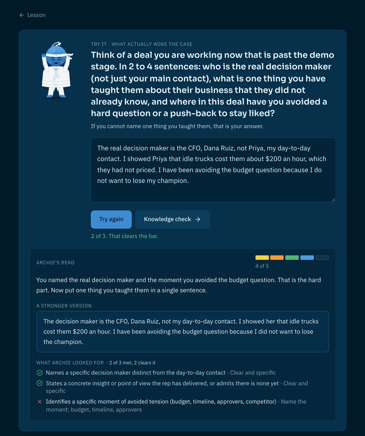 The Try It screen of a SalesARC University lesson: a rep's written answer about a live deal, with Archie's score, a stronger rewrite, and a checklist of what the answer did and did not cover.